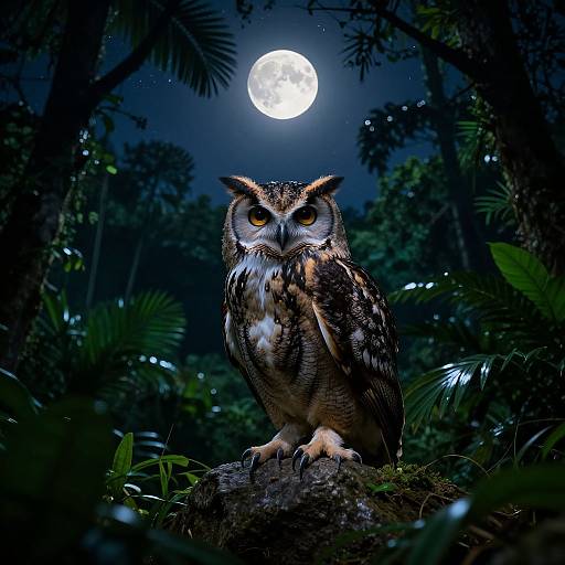Photograph of a detailed, vividly colored owl with striking orange eyes perched on a mossy log under a bright full moon in a dense,