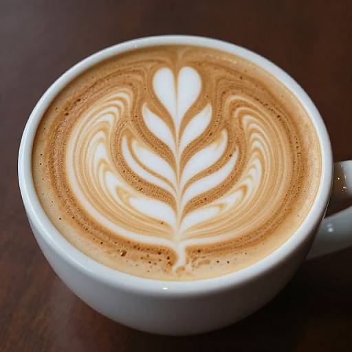 Close-up photograph of a white ceramic cup of latte with intricate leaf-shaped foam pattern on creamy coffee surface, set on dark wooden table.