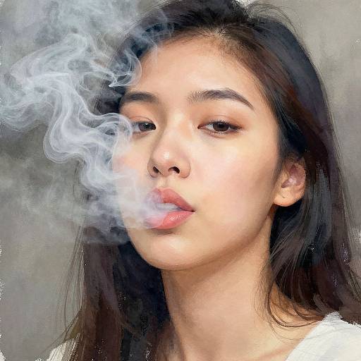 Photograph of an Asian woman with long black hair exhaling smoke that curls around her face, against a gray background.