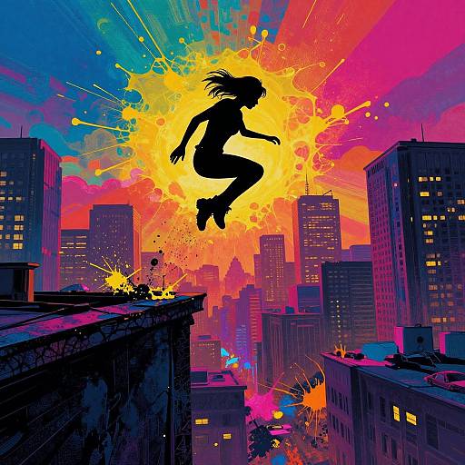 Digital artwork of a silhouetted girl jumping from a rooftop against a vibrant, explosion-filled cityscape with colorful, neon lights and skyscrapers