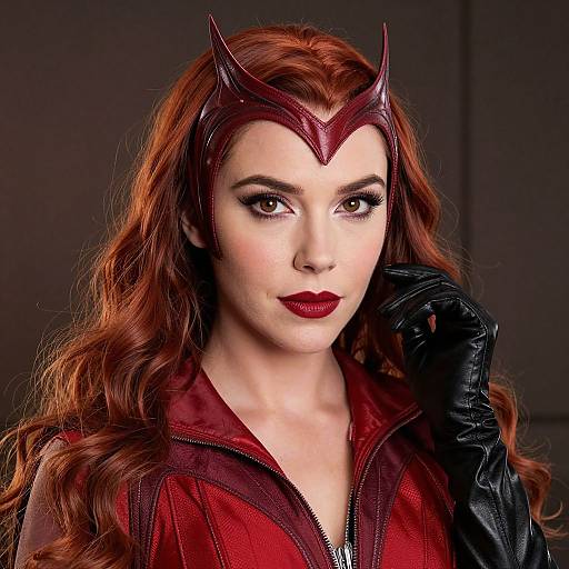 Photograph of a fair-skinned woman with long red hair, wearing a red and black superhero costume with a horned headpiece, black glove,