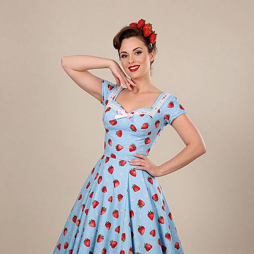 Photograph of a smiling woman with fair skin, red flower hair accessory, wearing a light blue, strawberry-patterned vintage dress, posing against a plain