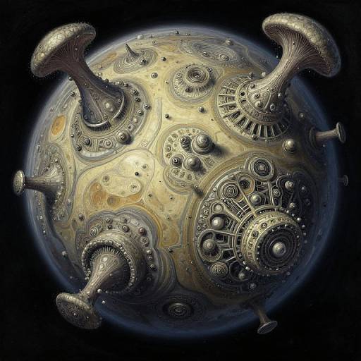 Digital art of a metallic, spherical object with intricate, circular patterns and protruding, mushroom-like structures against a black background.