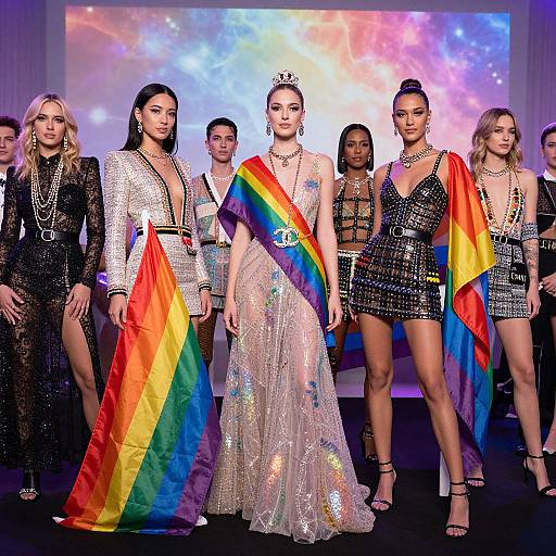 Photograph of seven women in glamorous outfits, featuring a central woman in a sparkling dress and rainbow sash, with glittering backgrounds and diverse ethnicities