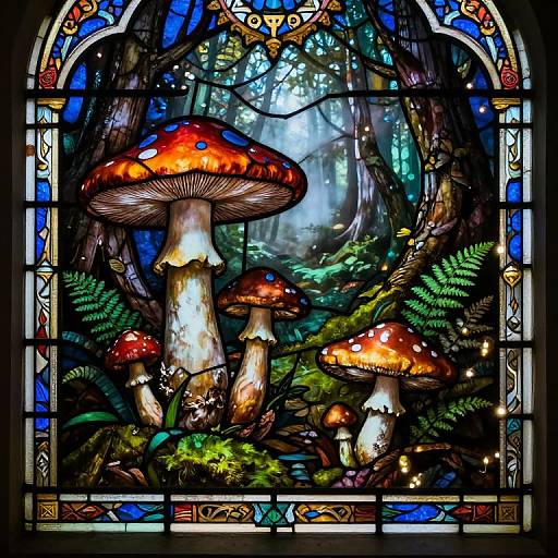 Vibrant stained glass window depicting a mystical forest with large red-and-white-spotted mushrooms, ferns, and trees, surrounded by intricate blue and