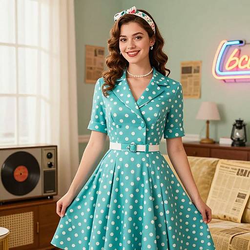 Photograph of a smiling woman in a 1950s-style turquoise dress with white polka dots, pearl necklace, and white headband, standing