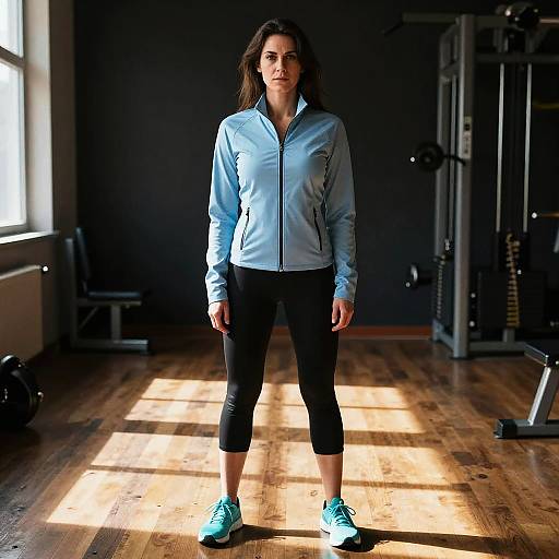 Photograph of a focused woman in a light blue zip-up jacket, black capri pants, and turquoise sneakers, standing in a dimly lit gym