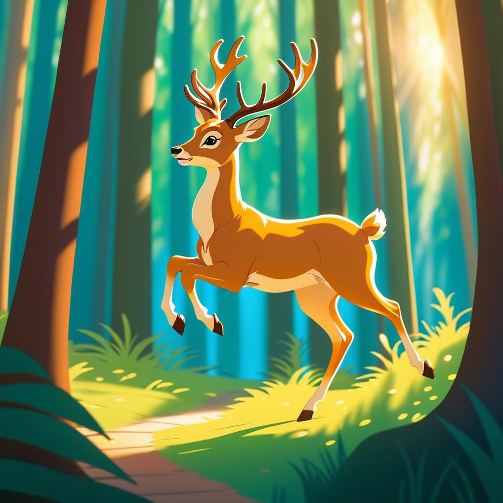 Whimsical Deer in Sunlit Forest Scene