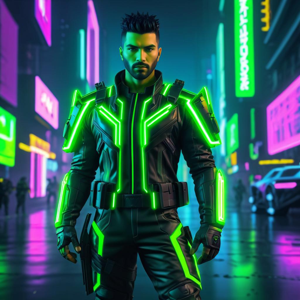 Futuristic Male Bounty Hunter in Neon City