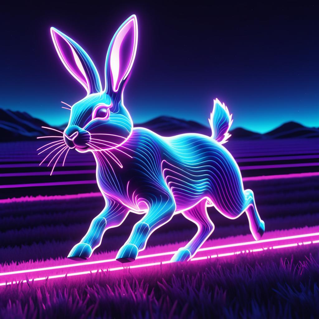 Luminous Rabbit in Glowing Synthwave Fields