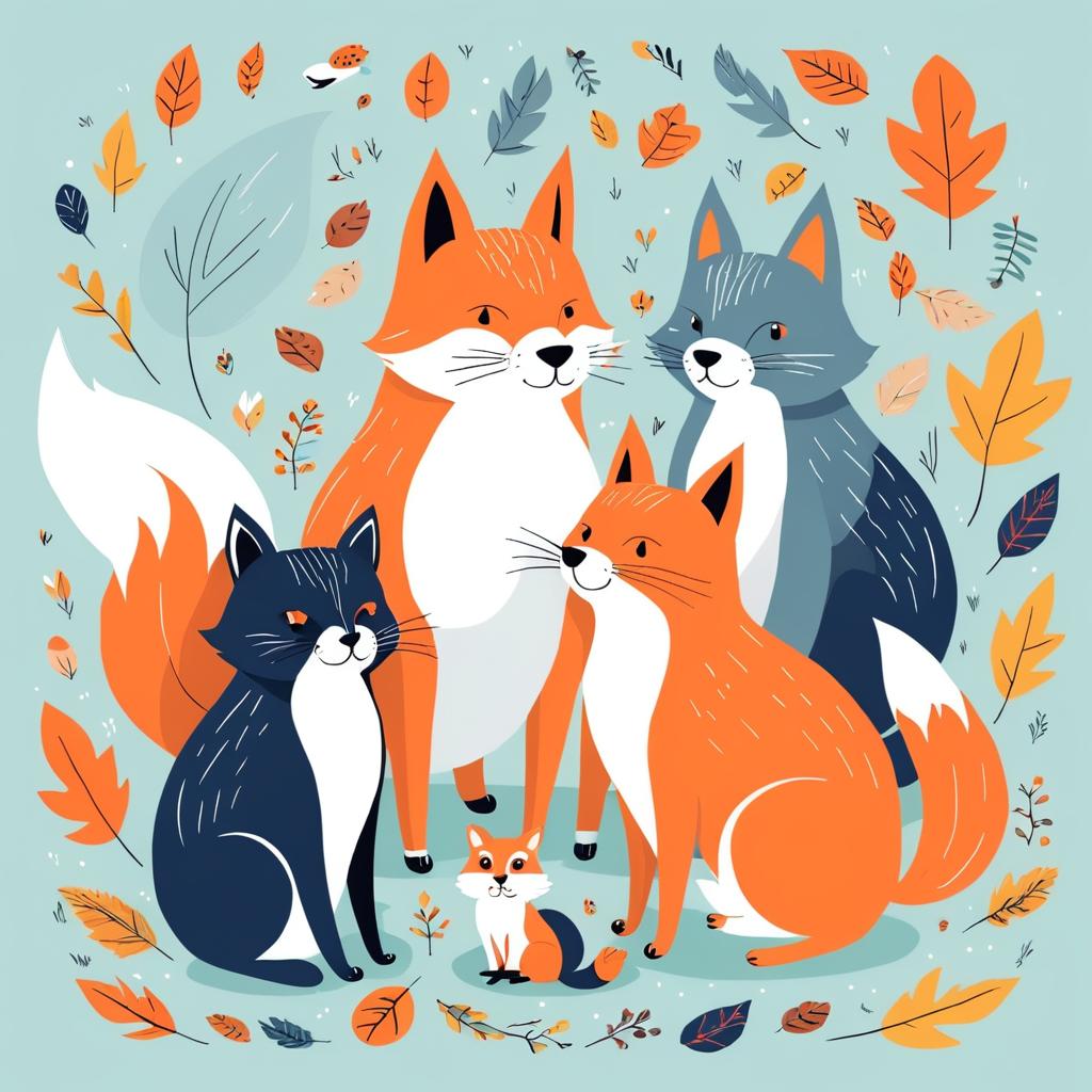 Whimsical Trio: Cat, Wolf, and Squirrel