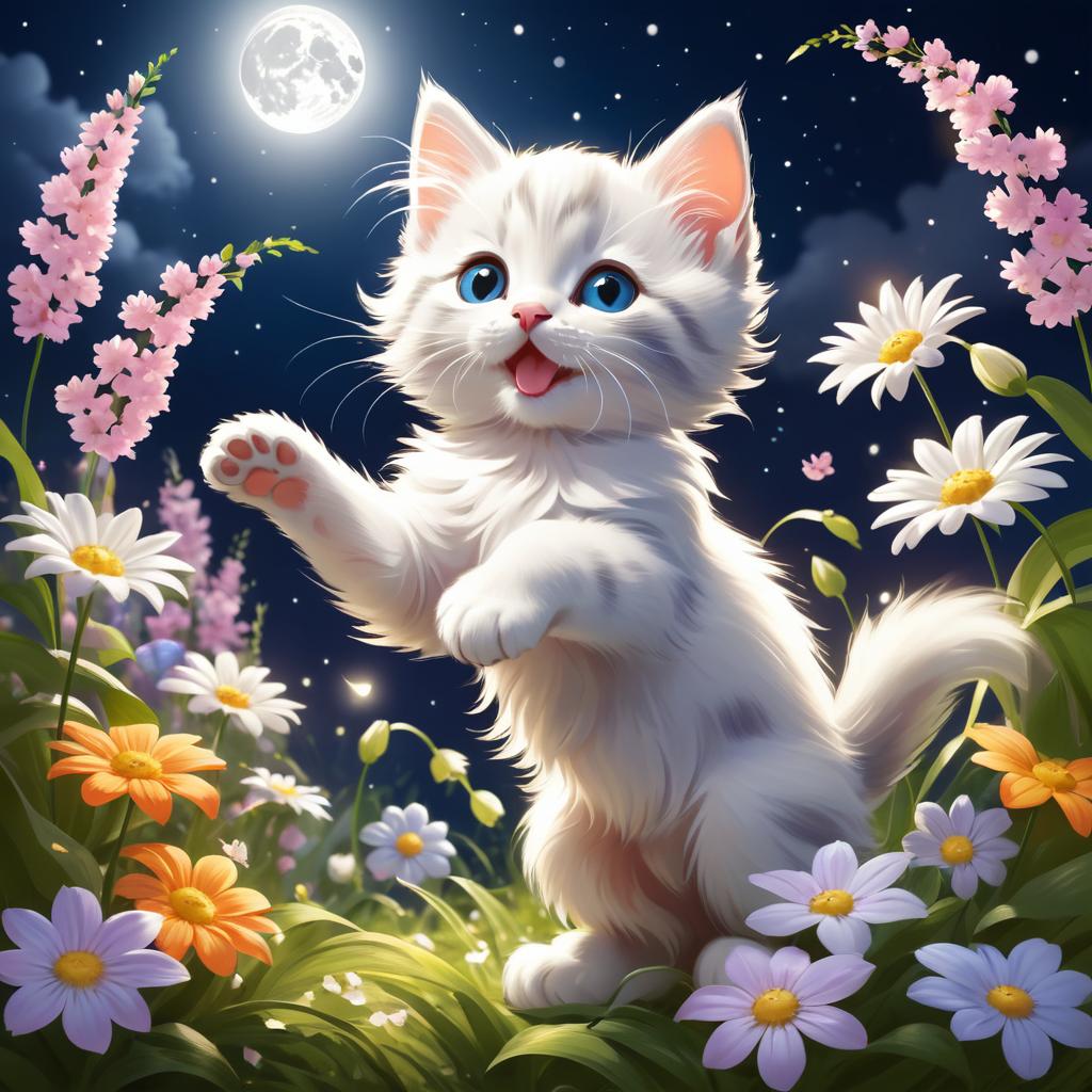 Playful Kitten in a Moonlit Garden