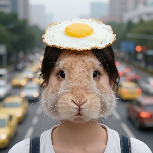 Photograph of a young Asian person with rabbit head, wearing a white shirt, yellow taxi-filled city street background, egg on head.