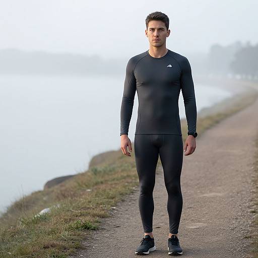 Photograph of a fit, young man in black, long-sleeve athletic leggings and shoes, standing on a foggy, grassy path.