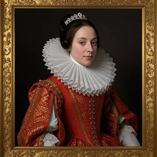 18th-century portrait of a woman in a red, intricately embroidered gown with a white lace ruff, framed in an ornate gold frame.