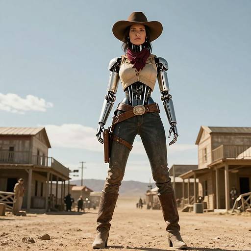 Photograph of a cybernetic woman in a cowboy hat, white shirt, blue jeans, and brown boots, standing in a dusty Western town.