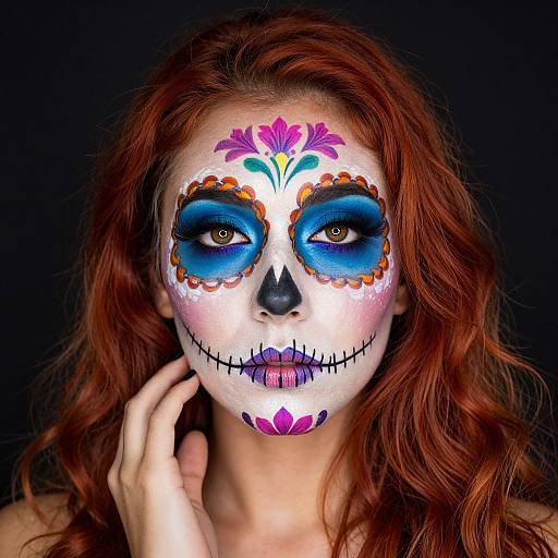 Photograph of a woman with red hair, blue and white sugar skull face paint, vivid floral designs, black nose, and blue eyelids, against