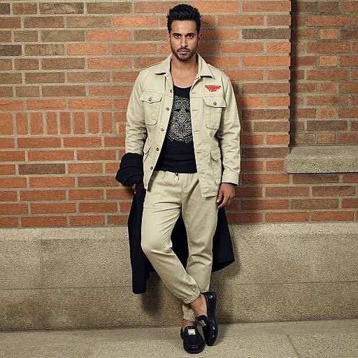 Photograph of a handsome, bearded man with dark hair, wearing a cream jacket, black shirt, beige pants, and black loafers, leaning
