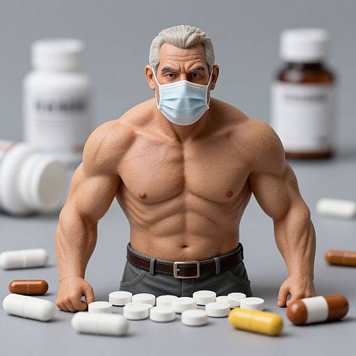 CGI image of a muscular, shirtless, gray-haired man wearing a mask, surrounded by various pills and capsules on a gray table.