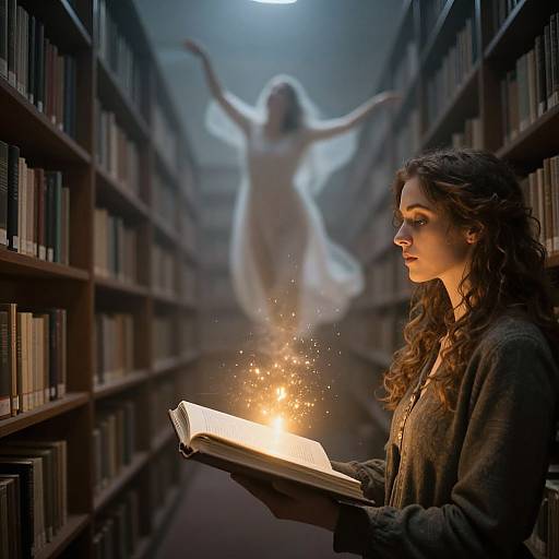 Photograph of a young woman with curly brown hair, in a dark cardigan, reading a glowing book in a library, with a translucent, eth