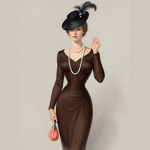 Digital illustration of a fair-skinned woman in a black, long-sleeve dress, pearl necklace, black hat with feather, holding a red clutch