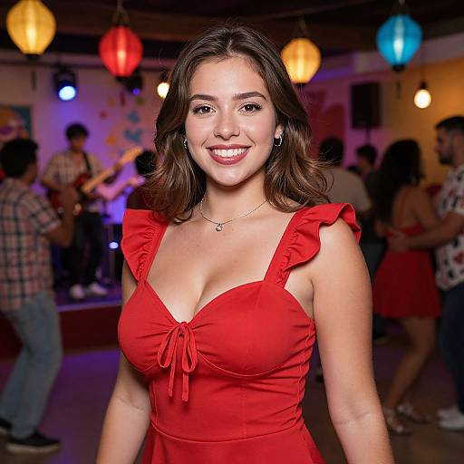 Photograph of a smiling Latina woman with wavy brown hair, wearing a red, ruffled dress, standing in a brightly lit, colorful party room