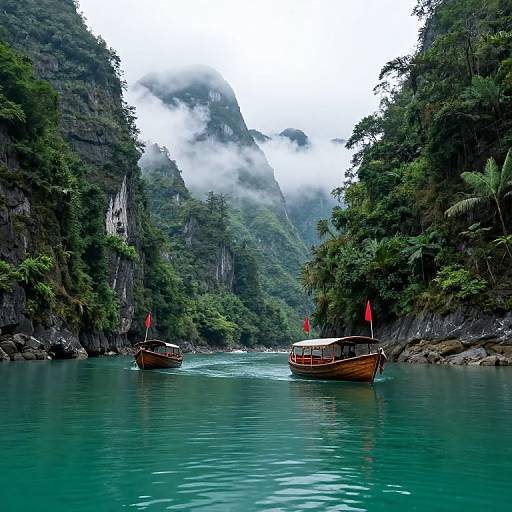 Serene Boats in Misty Mountain Valley