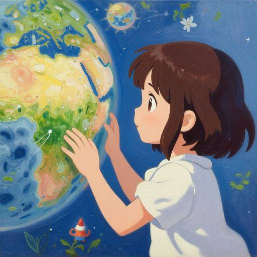 Digital art of a brown-haired girl in a white shirt touching a colorful, detailed Earth against a blue, starry space background.