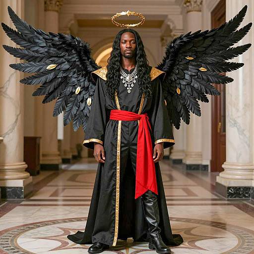 Regal Black Angel Character in Grand Hallway