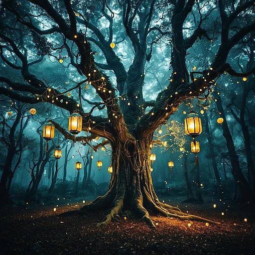Ancient Lantern Tree in Misty Twilight