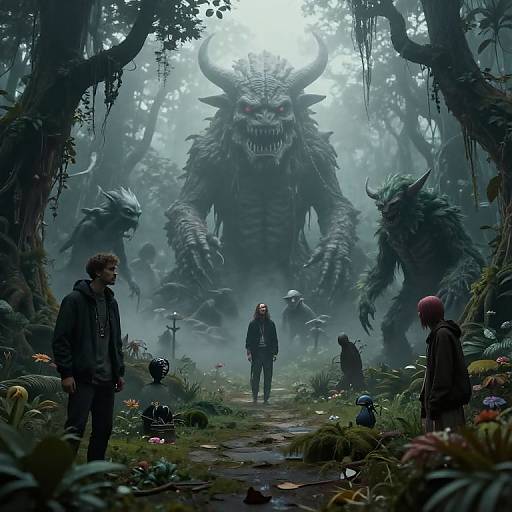 Digital art of a misty forest path with five adventurers facing a massive, horned, dragon-like creature surrounded by smaller, menacing beasts.