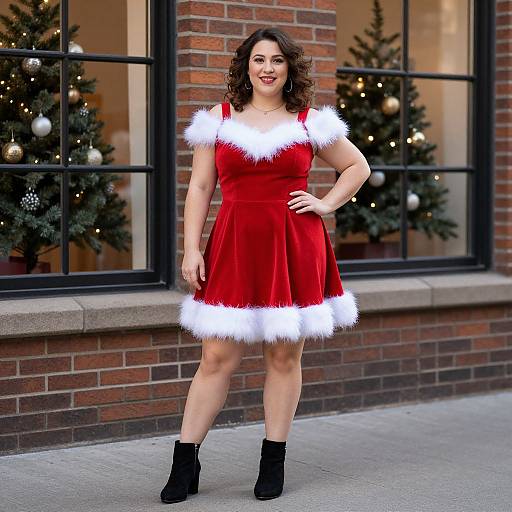 Photograph of a smiling woman with curly brown hair, wearing a red velvet Christmas dress with white fur trim, black ankle boots, standing in front of