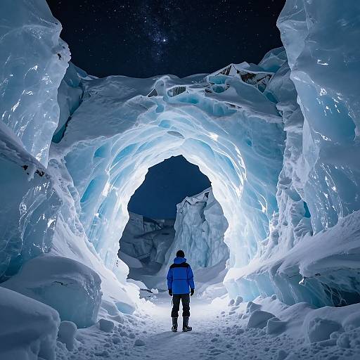 Photograph of a person in a blue jacket standing in a glowing, ice cave with ethereal blue light illuminating the icy walls. Starry night