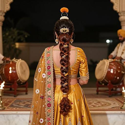 Photograph of a bride with long, braided dark hair, wearing a gold, floral-embroidered lehenga, facing away, under an