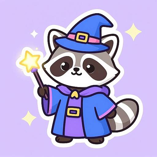 Cute digital drawing of a chibi raccoon wizard in blue hat and robe, holding a glowing wand, on a light purple background.
