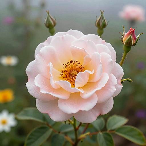 Photograph of a delicate, pale pink rose with a yellow center, surrounded by green leaves and blurred garden flowers in the background.
