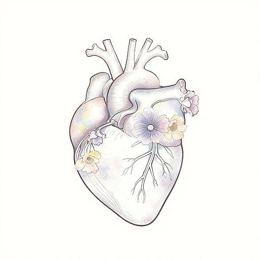 Detailed digital illustration of a human heart with delicate line work, showcasing veins and arteries, and two yellow and purple flowers embedded within.