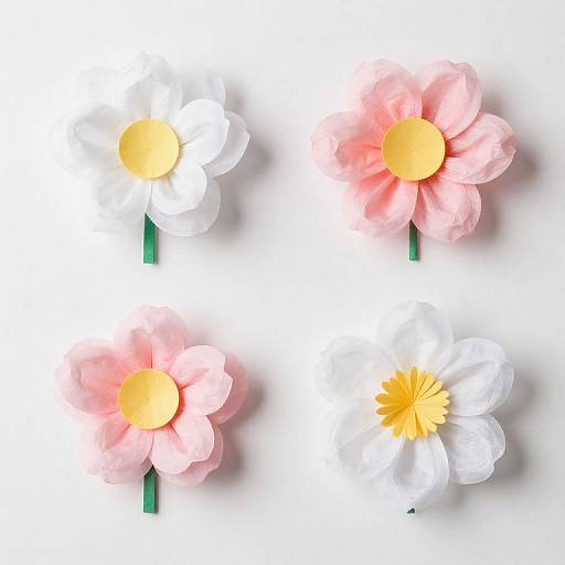 Digital illustration of four stylized flowers: two white with yellow centers, two pink with yellow centers, arranged in a 2x2 grid on a