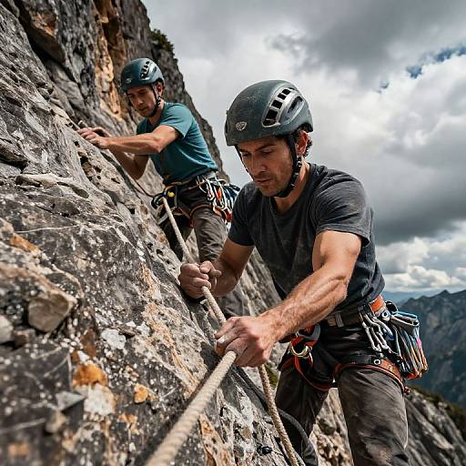 Photograph of two male rock climbers in helmets and black shirts, gripping ropes on a rugged, sunlit rock face with cloudy sky background.