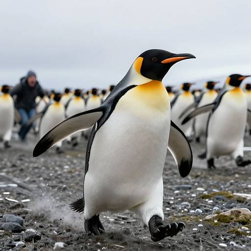 Photograph of a vibrant King Penguin with orange chest and black head, walking on rocky terrain, surrounded by more penguins. Background features blurred human figure