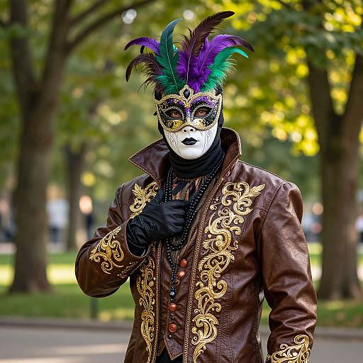 Photograph of a masked figure in an ornate brown jacket with gold embroidery, black gloves, and colorful feathered mask in a park.