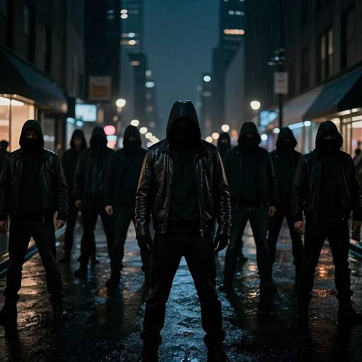 Photograph of a group of hooded, leather-jacketed figures standing in a rain-soaked, neon-lit urban street at night, creating