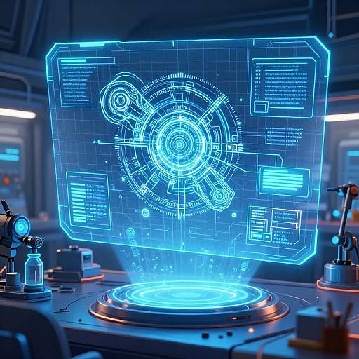 Digital CGI image of a futuristic holographic blue interface hovering above a glowing circular platform in a high-tech lab.