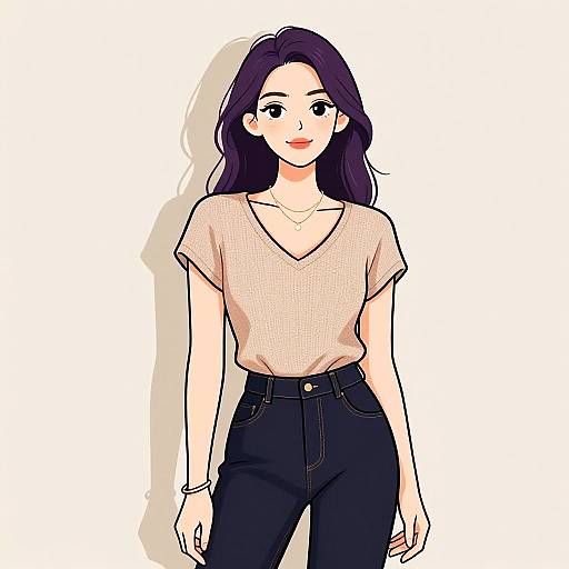 Digital anime-style drawing of a smiling young woman with long purple hair, wearing a light pink V-neck shirt and black high-waisted jeans, standing