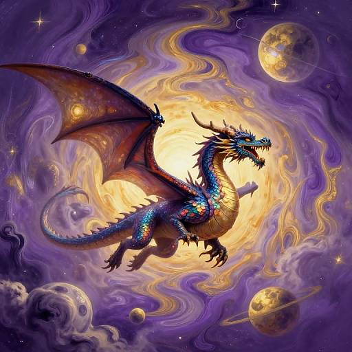 Digital fantasy artwork of a vibrant blue and red dragon with glowing scales, soaring through a swirling, starry, purple and yellow cosmic background with glowing planets