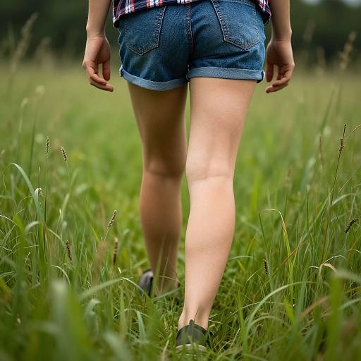 Photograph of a person's lower body walking through a grassy field; wearing denim shorts, plaid shirt, and black shoes.