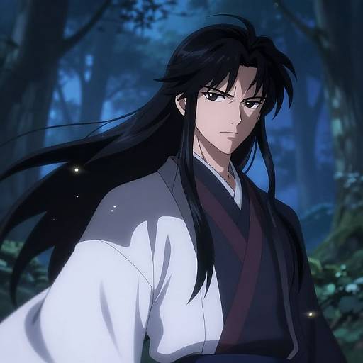 Digital anime artwork of a serious, long-haired young man in a white kimono with a black obi, standing in a dark, enchanted forest.
