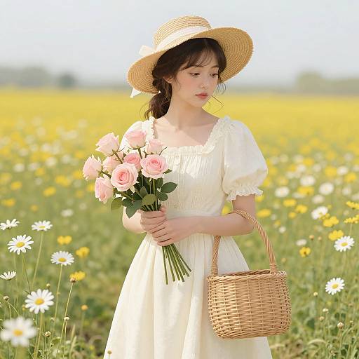 Photograph of an Asian woman in a white dress and straw hat, holding pink roses and a wicker basket, standing in a sunlit daisy