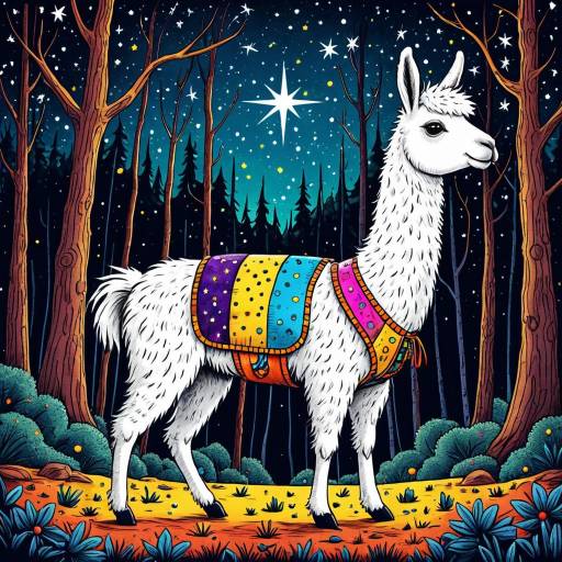 Colorful Llama in Starry Night Forest