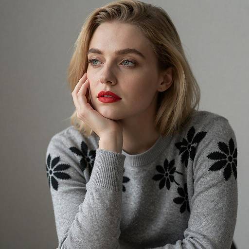 Pensive Blonde Woman in Gray Sweater
